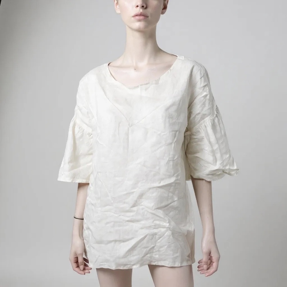 BECASA Women's L White 100% Linen Flutter Sleeve Oversized Tunic Top Made In USA